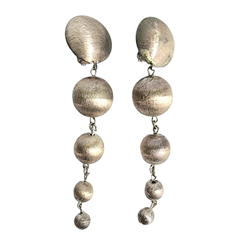 Vintage Clip-On Earrings RAGA Drop‎ Textured Silver Ball Sphere Beaded 60s 70s